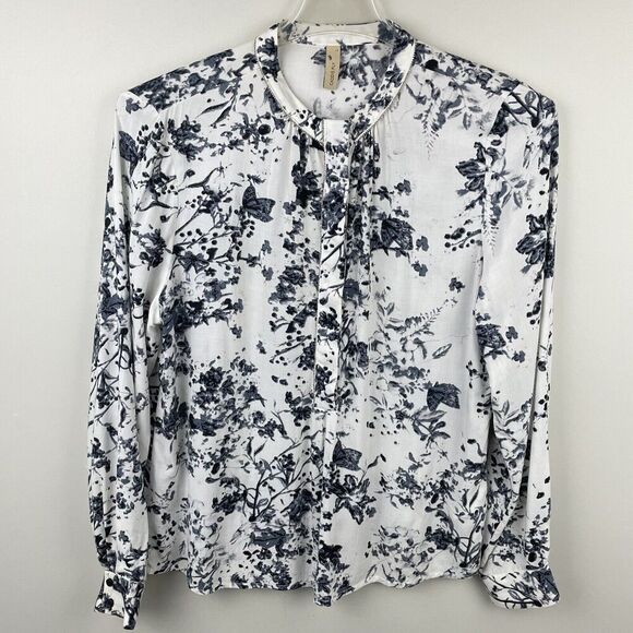 Caddis Fly Tops - Caddis Fly Popover Tunic Top Womens L Gray White Floral Blouse Butterfly Classic